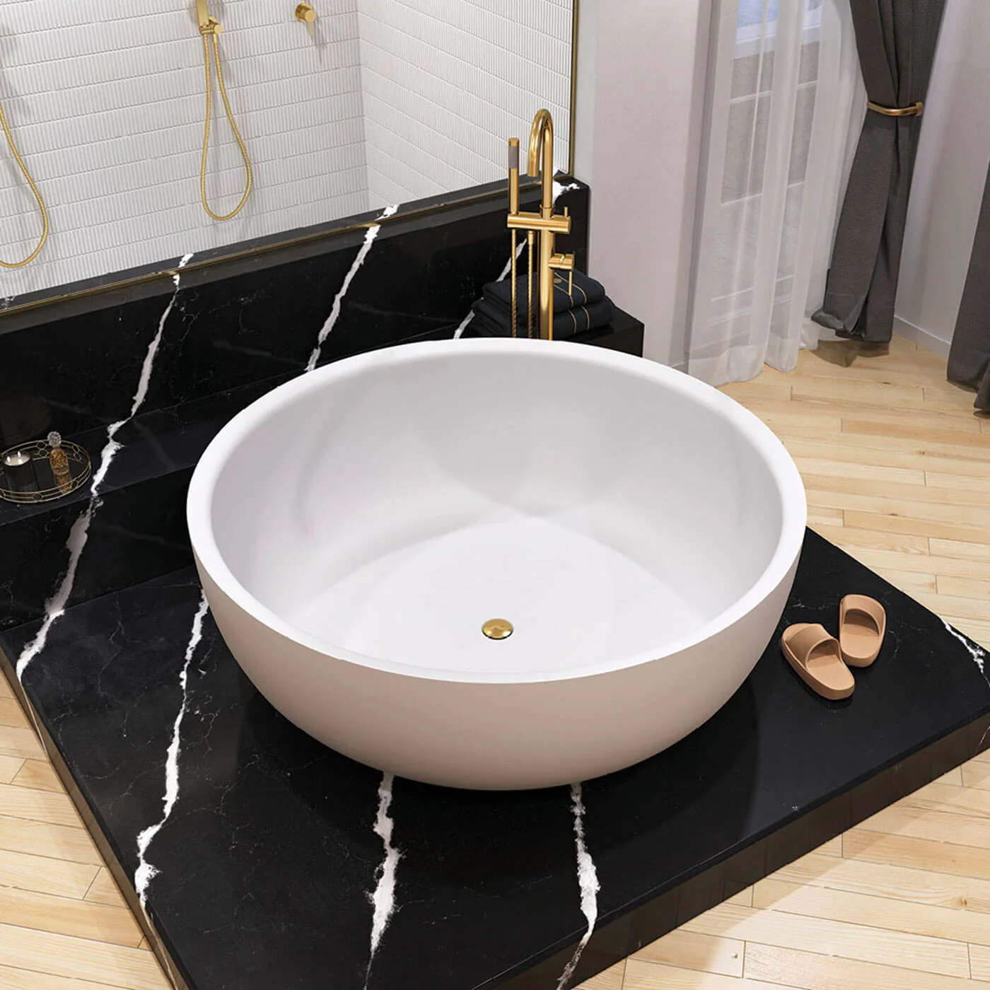 Shinto Round Freestanding Cast Stone Bathtub 1390mm - Image 2