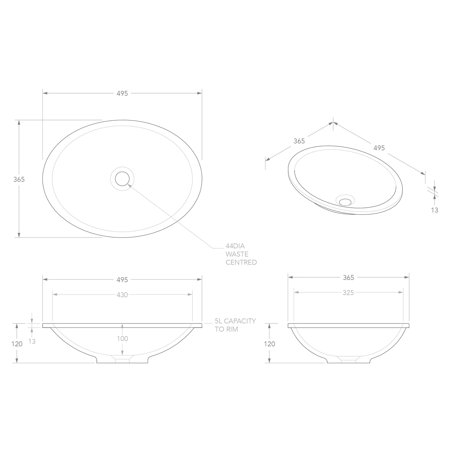 Sincerity Undermount Oval Solid Surface Basin 495x365mm - Image 3