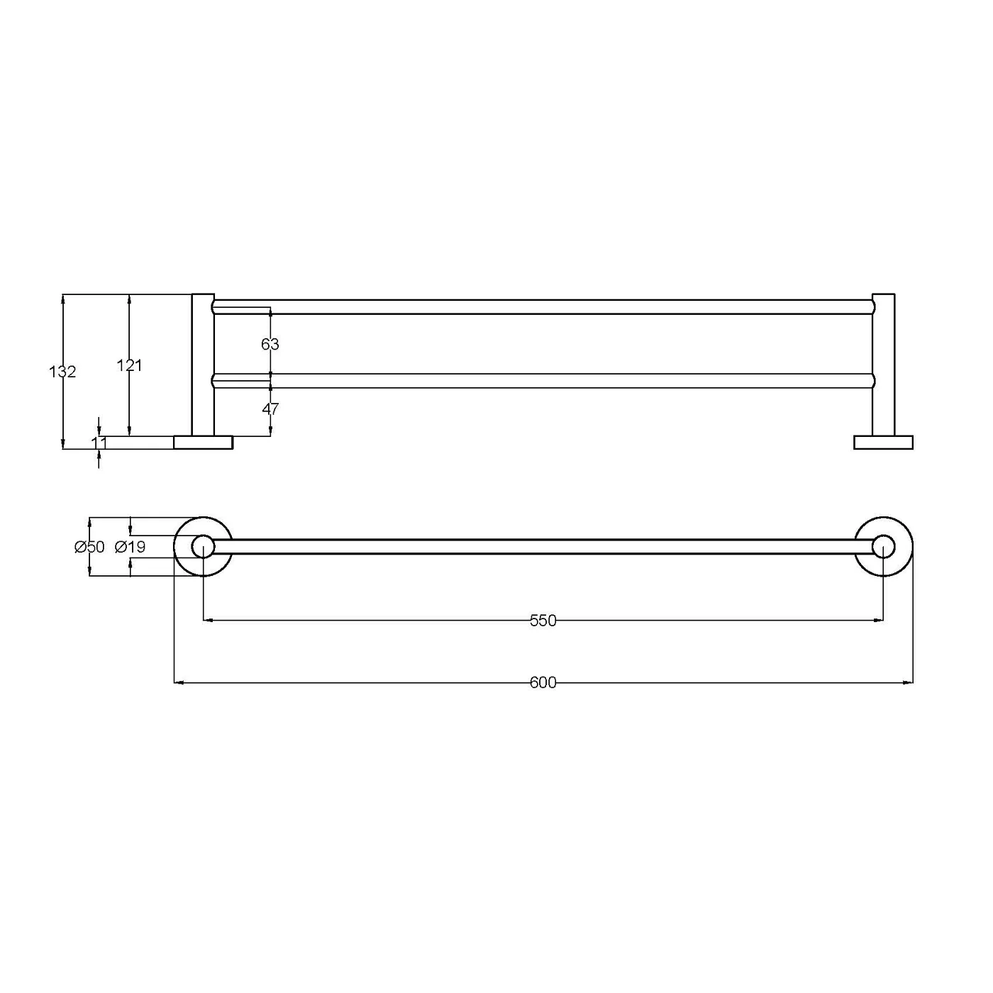 Slimline Stainless Steel Double Towel Rail 600-900mm - Image 6