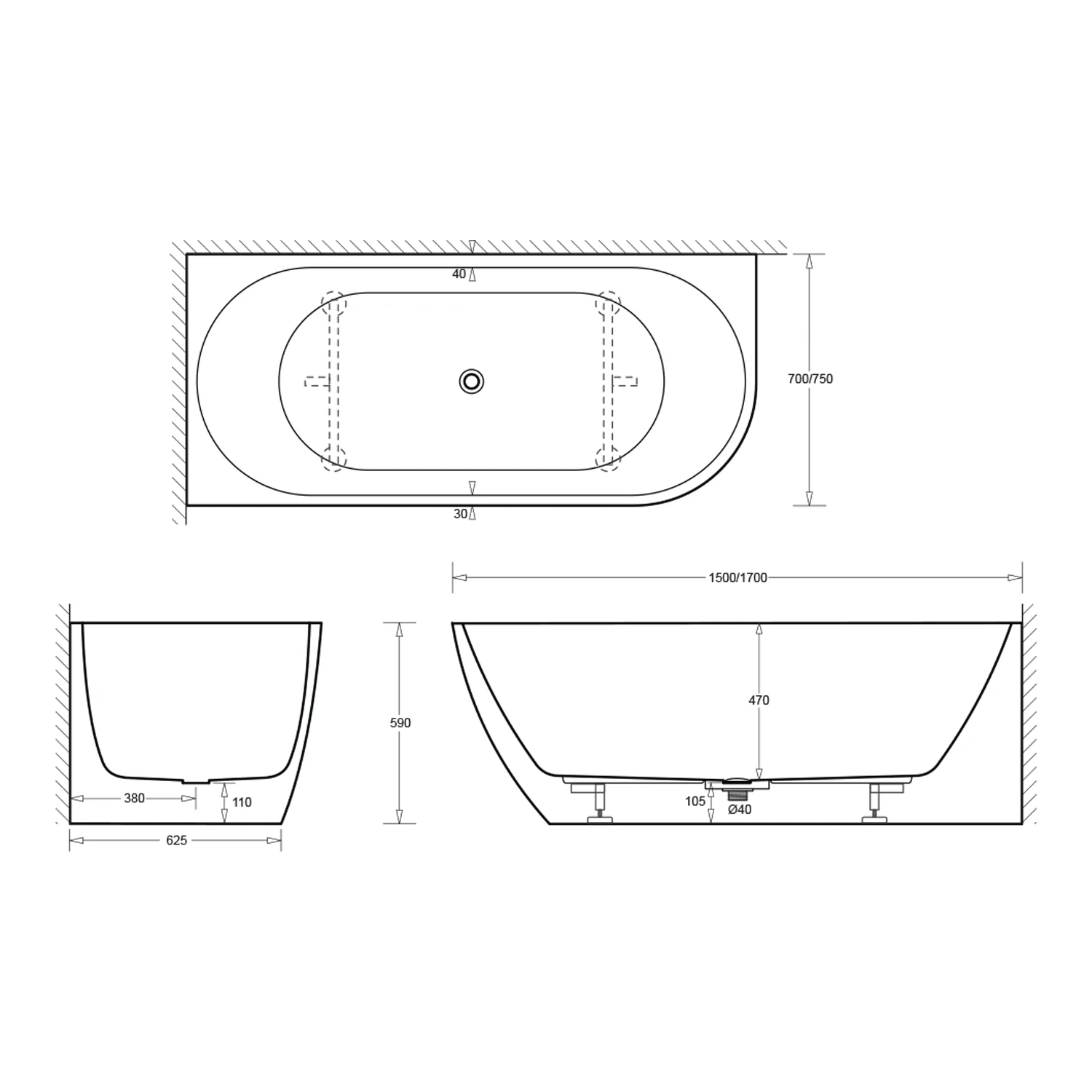 Venezia Overflow Corner Acrylic Bathtub - Image 4