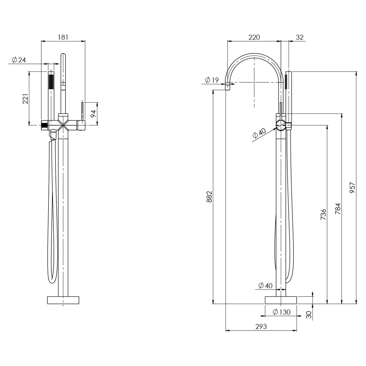 Vivid Slimline Floor Mounted Bathtub Spout with Handset - Image 7
